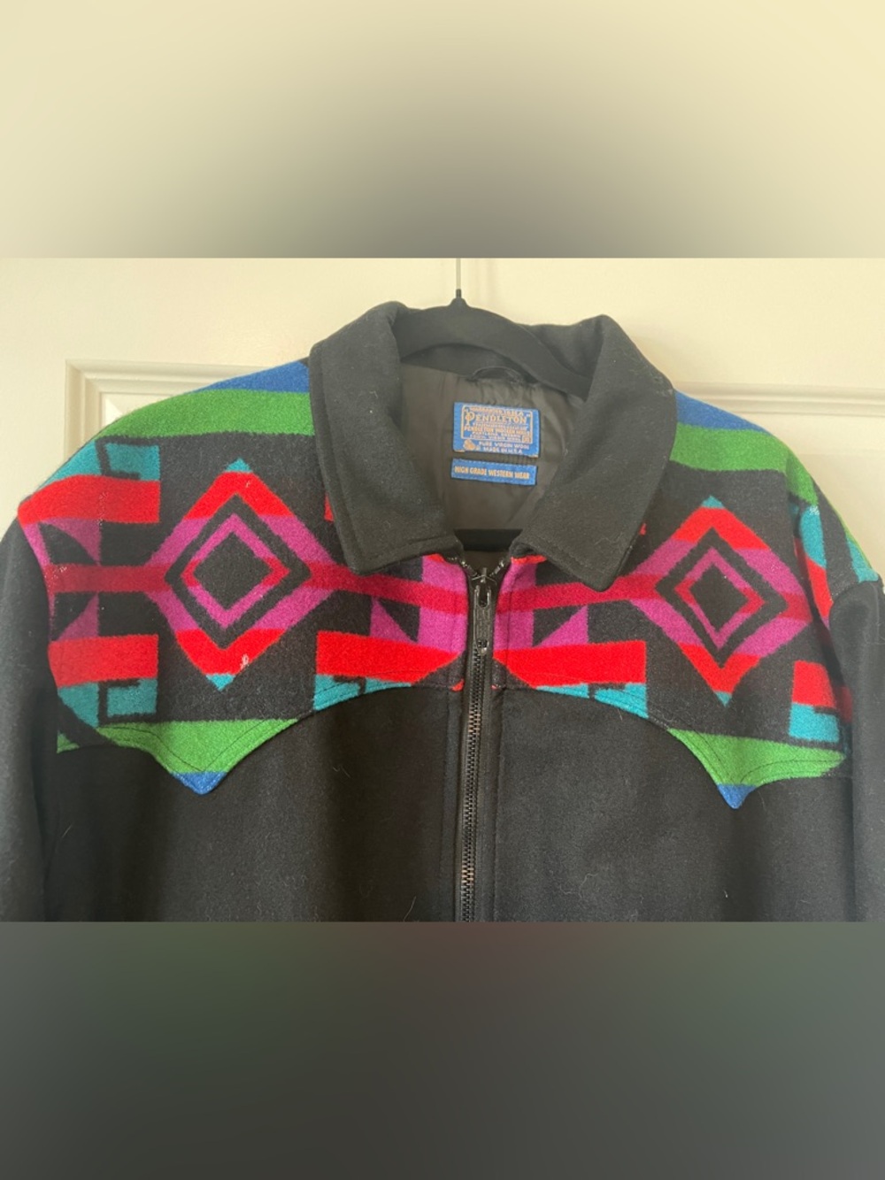 {Pendleton} Vintage XL Wool Aztec Collar Black Multicolor Zip Jacket - Picture 3 of 10
